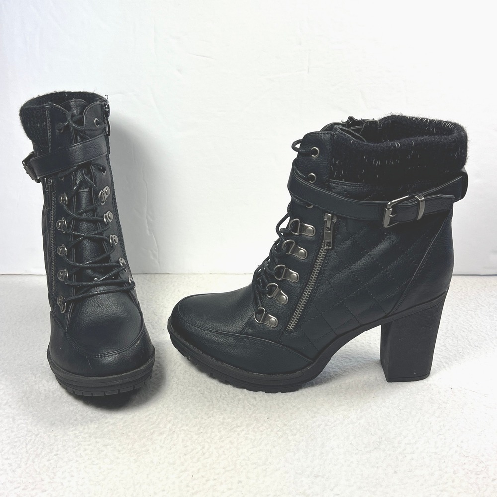 Global Win Black Ankle Boots Size 10 Lace Up Combat Chunky Gothic Zip Buckle